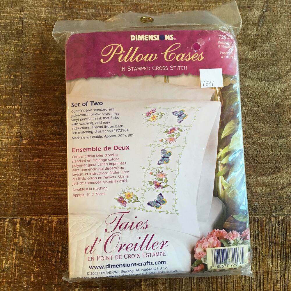 Vtg Dimensions Stamped Cross Stitch Pillowcases Kit 72903 Butterfly Floral New